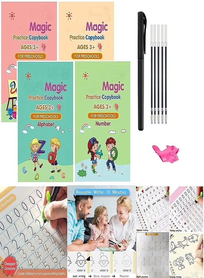 Sank Magic Sanghariyat English Magic Practice Copy Book For Pre-School Kids,Re-Usable Drawing,Alphabet,Numbers And Math Exercise For Children (4 X Books,5 X Refill,1 X Pen,1 X Grip),Multicolor,Small - Image 2